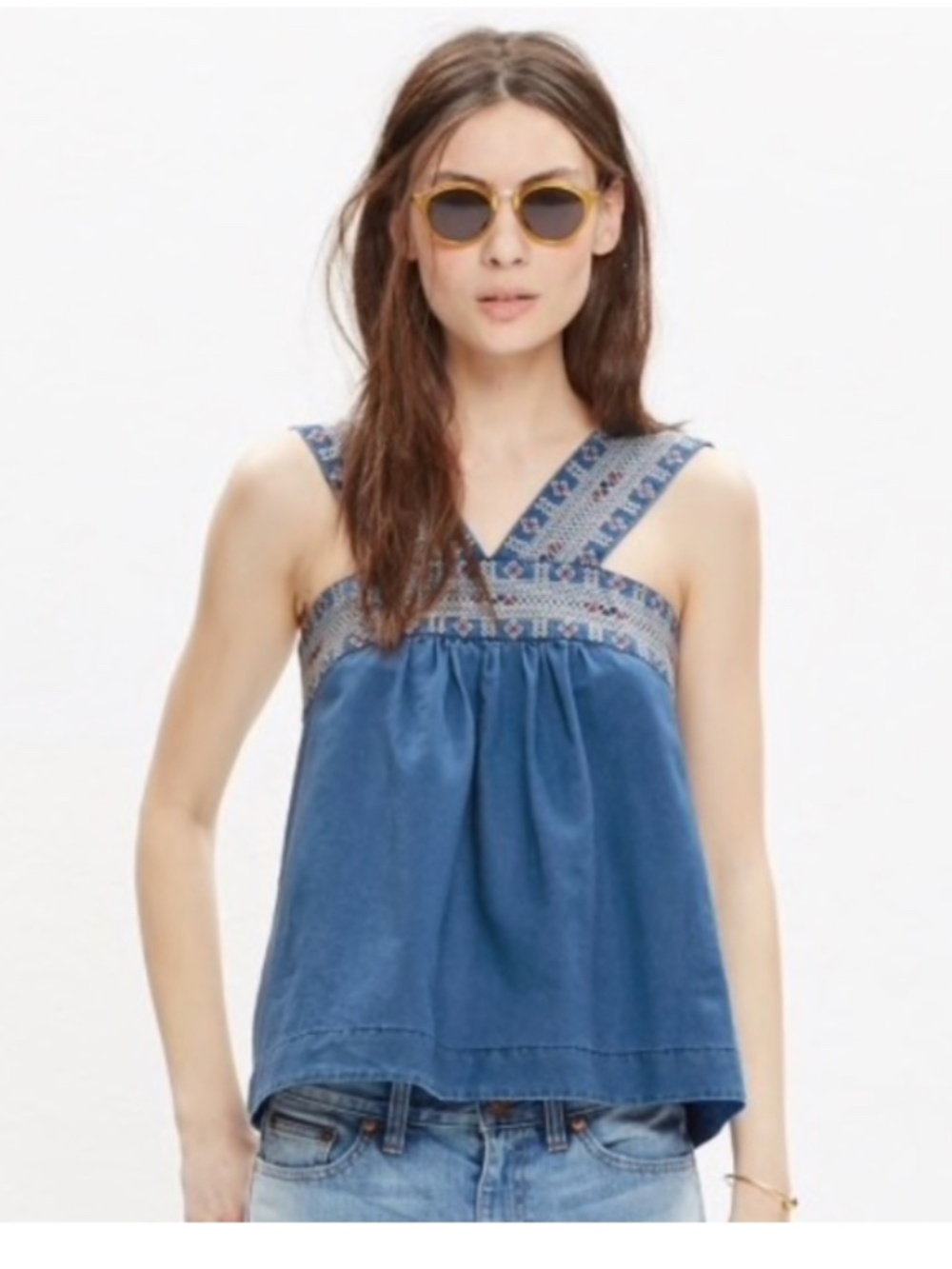 Madewell Embroidered Siesta Chambray Boho Linen Cotton Blend Denim Top Size 2